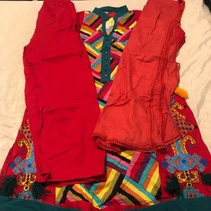 3 Piece Pakistani Colorful Embroidered Cotton/Lawn Suit Kurta, Trouser, Dupatta